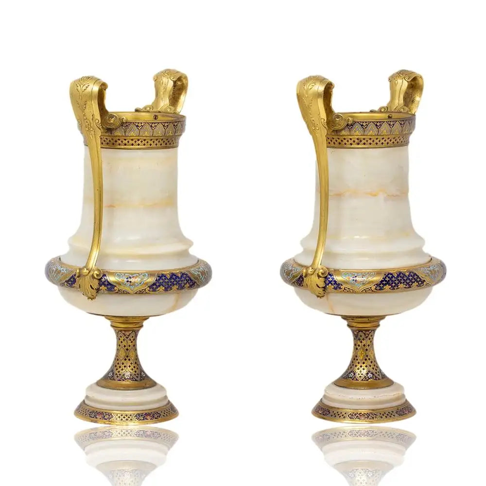 Pair of Marble Vases with Ornate Bronze Inlay