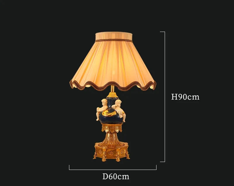 Decorative French Brass Table Lamp with Fabric Shade and White Ceramic Angel