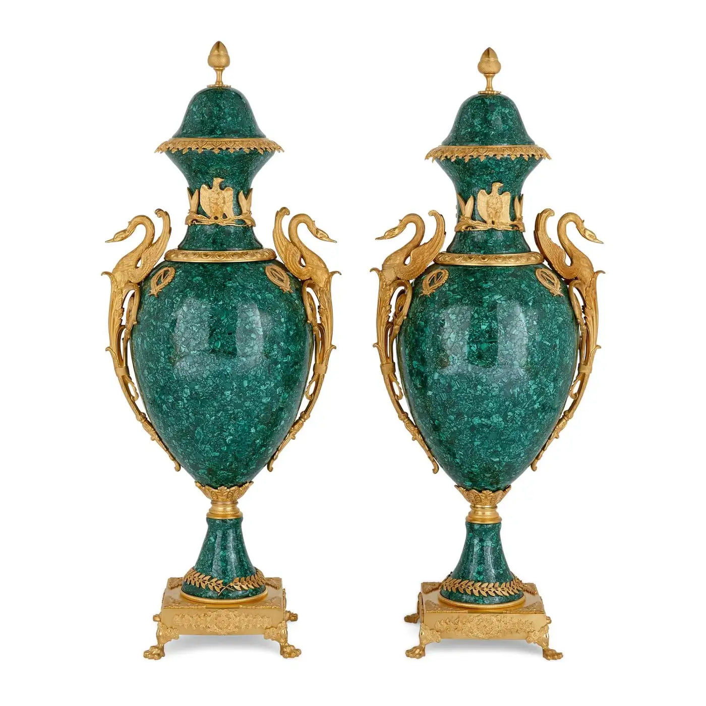 Pair of Large Malachite and Bronze-Mounted Empire Style Vases