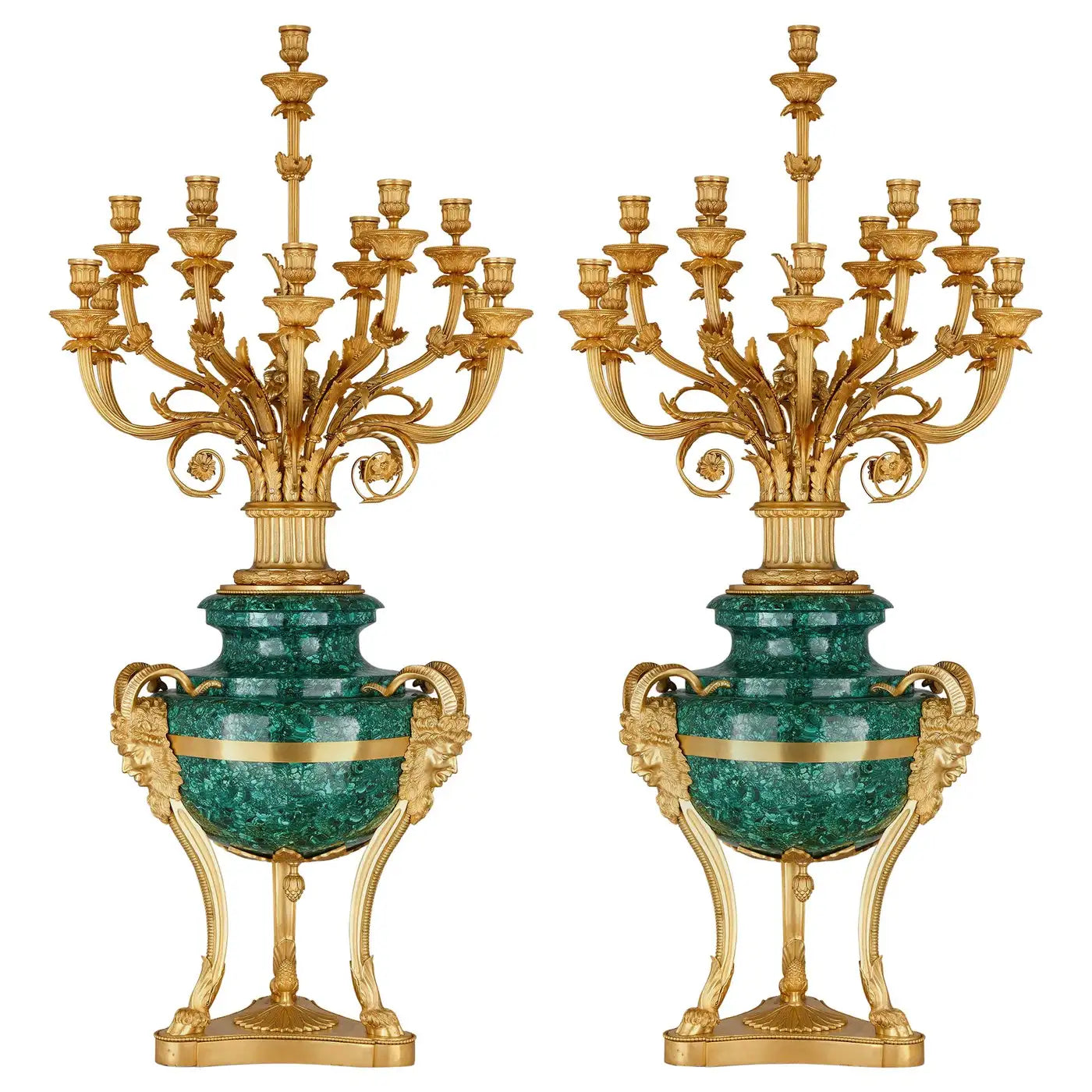 Pair of Large Gilt Bronze and Malachite candle holder