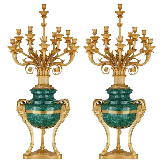 Pair of Large Gilt Bronze and Malachite candle holder