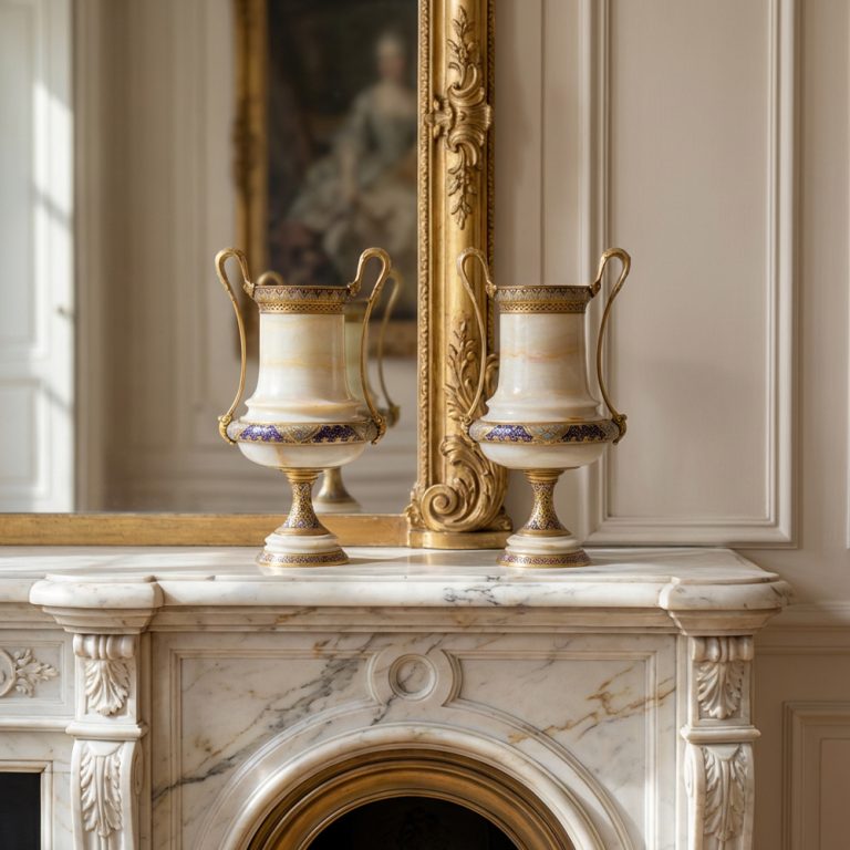 Pair of Marble Vases with Ornate Bronze Inlay