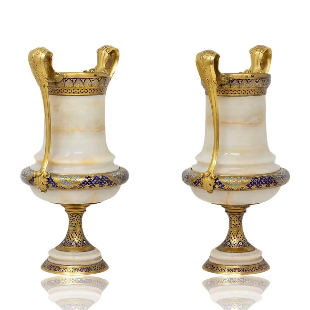 Pair of Marble Vases with Ornate Bronze Inlay