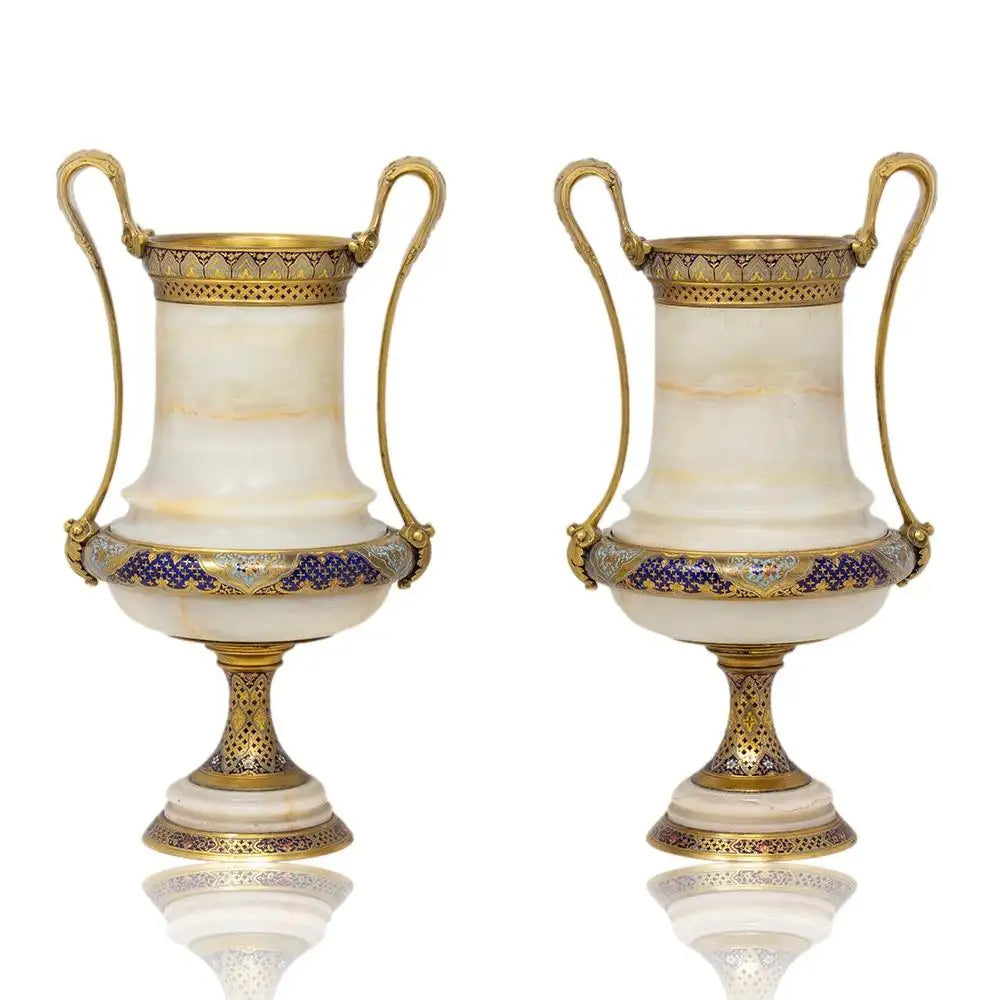 Pair of Marble Vases with Ornate Bronze Inlay