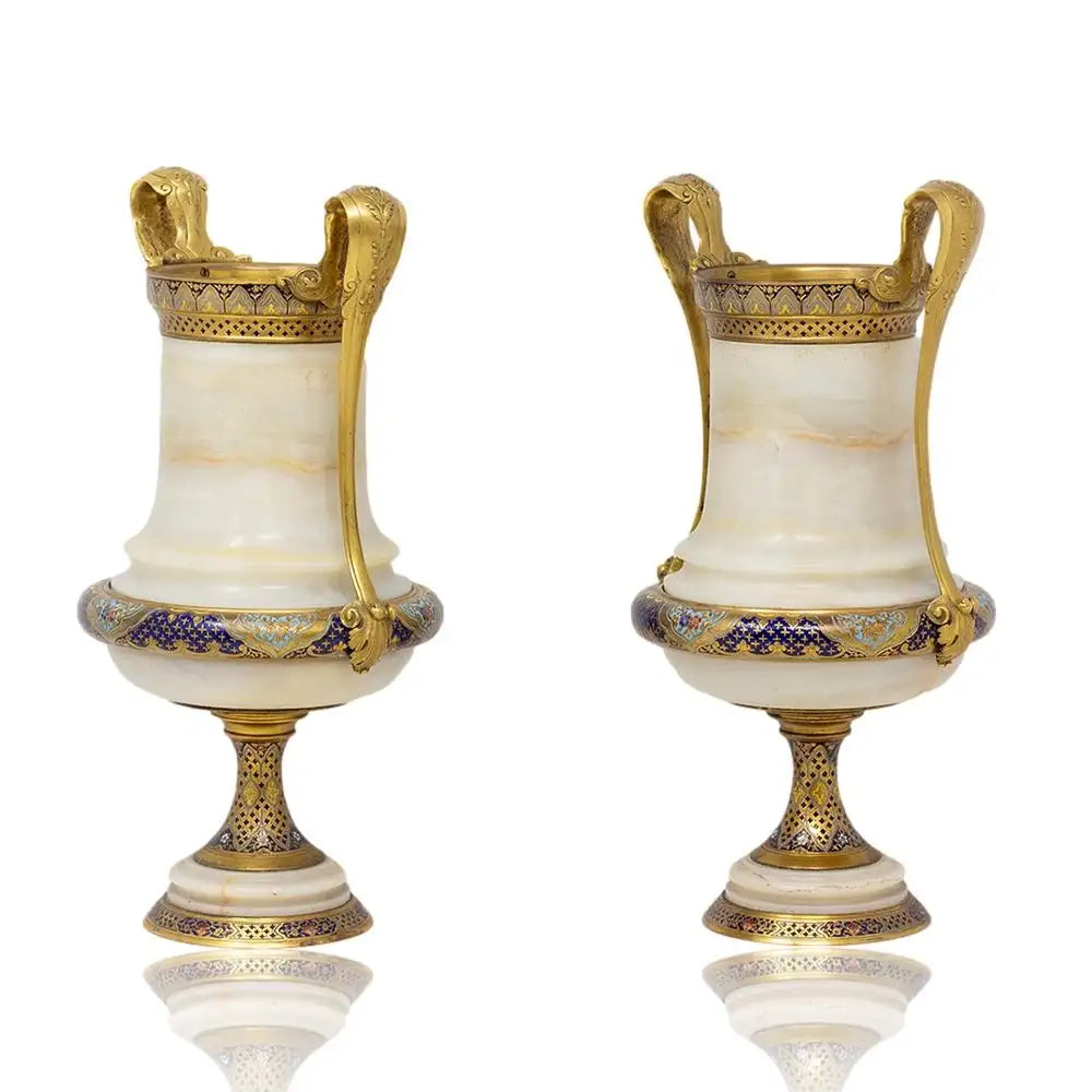 Pair of Marble Vases with Ornate Bronze Inlay