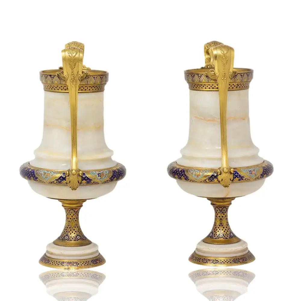 Pair of Marble Vases with Ornate Bronze Inlay