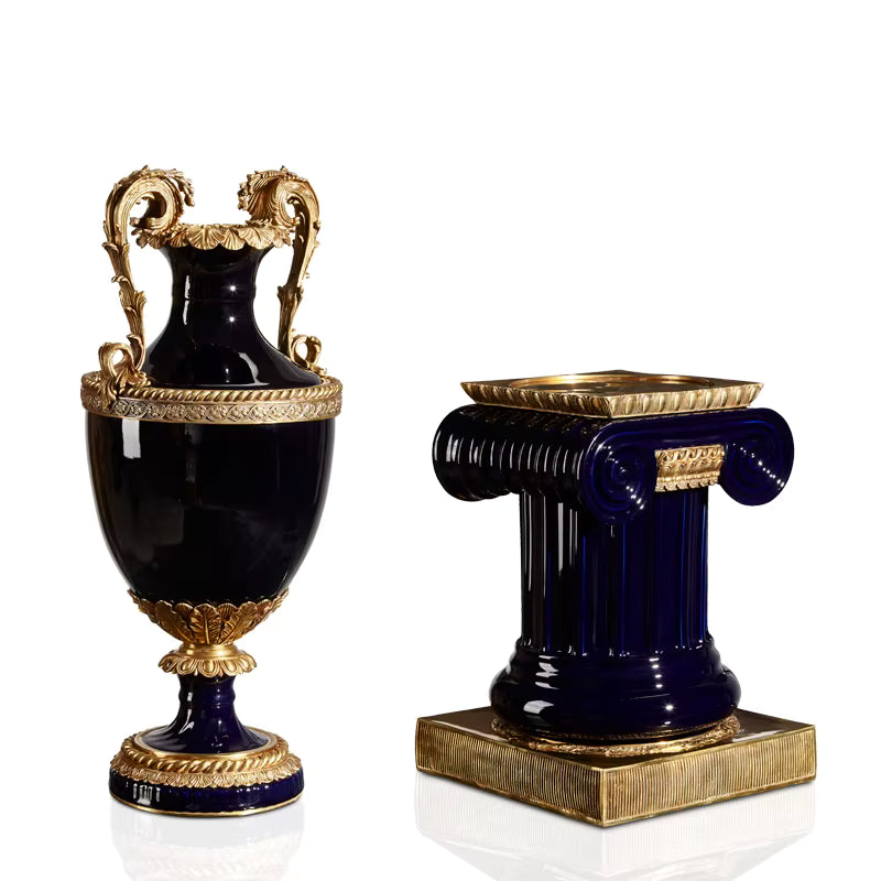 Ultra Handcrafted sapphire blue Porcelain Floor Vase & Brass Accents