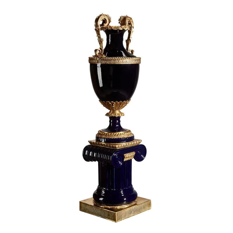 Ultra Handcrafted sapphire blue Porcelain Floor Vase & Brass Accents