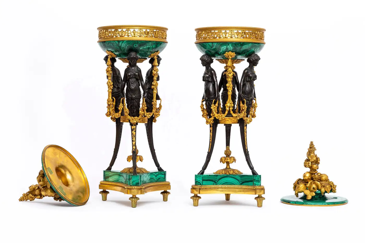 Pair of Large Malachite Standing Pots with Bronze Mounts