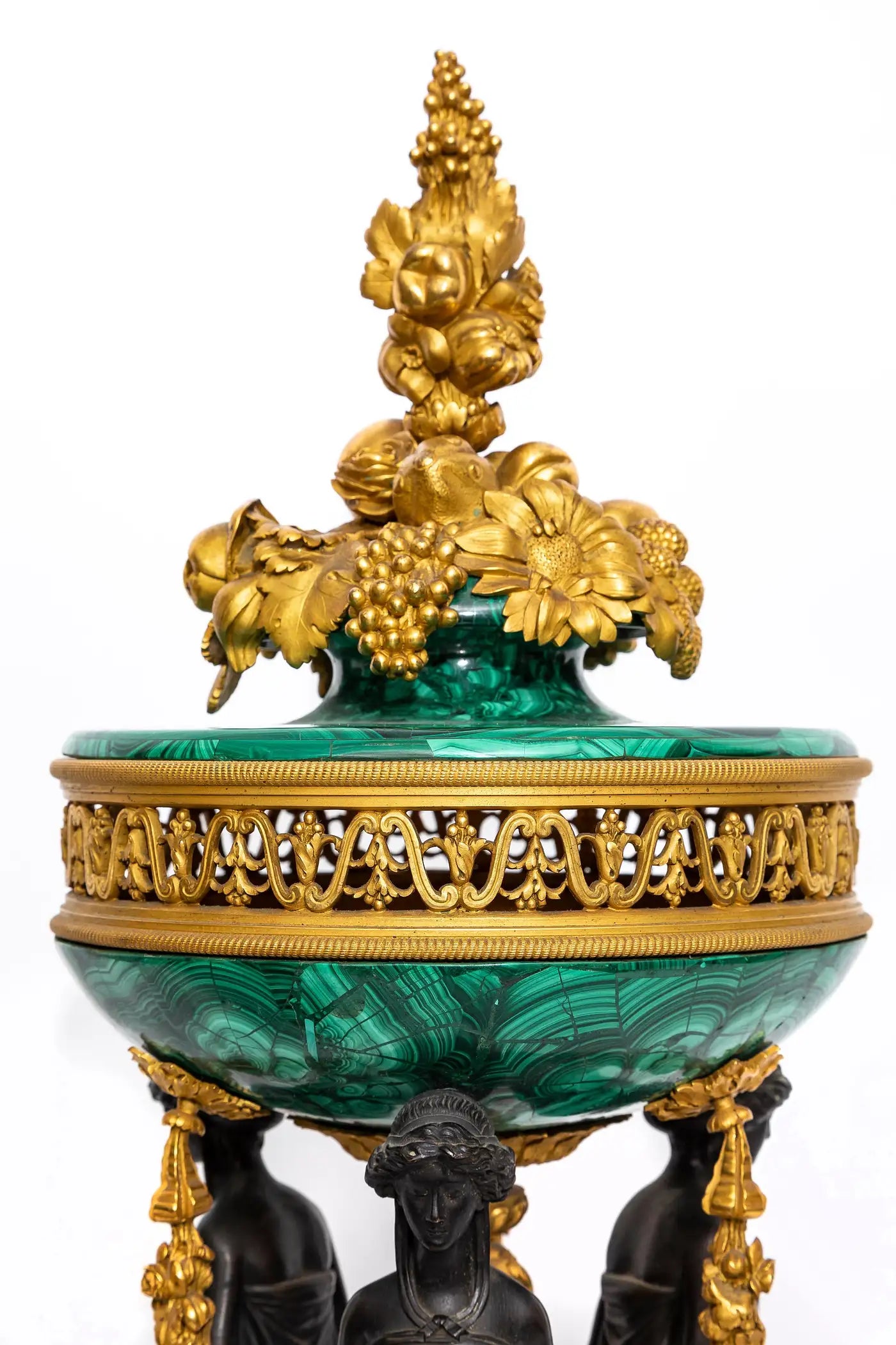 Pair of Large Malachite Standing Pots with Bronze Mounts