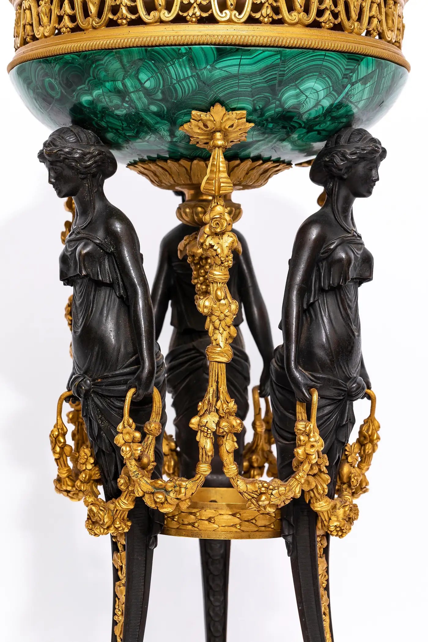 Pair of Large Malachite Standing Pots with Bronze Mounts