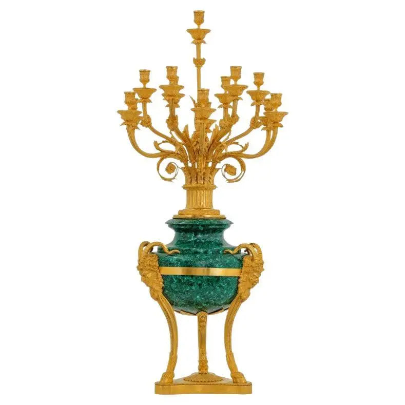 Pair of Large Gilt Bronze and Malachite candle holder