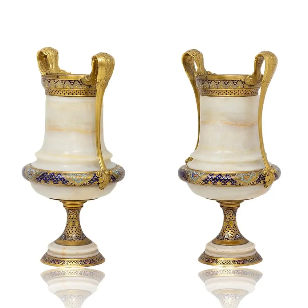 Pair of Marble Vases with Ornate Bronze Inlay