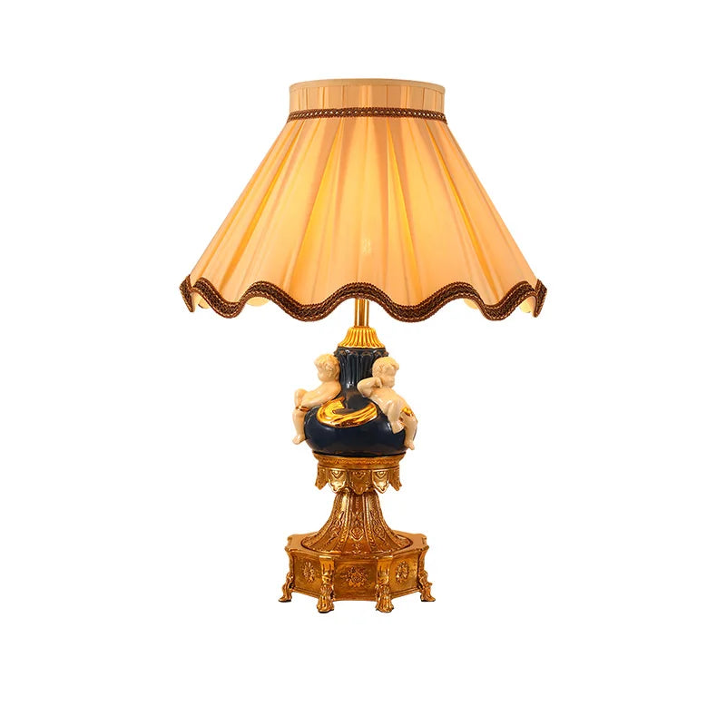 Decorative French Brass Table Lamp with Fabric Shade and White Ceramic Angel