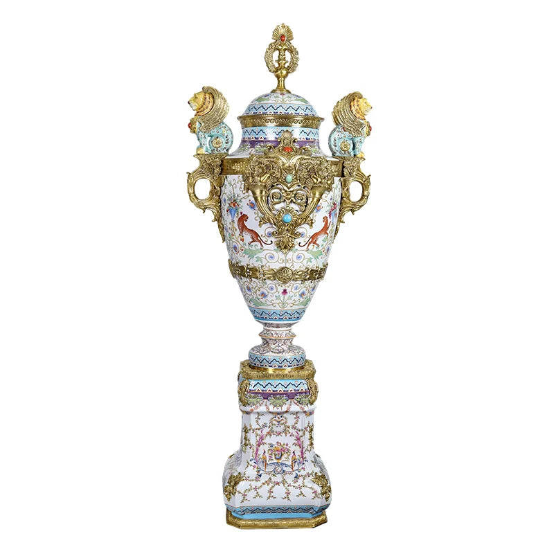Luxury Antique Porcelain & Brass Tall Floor Vase