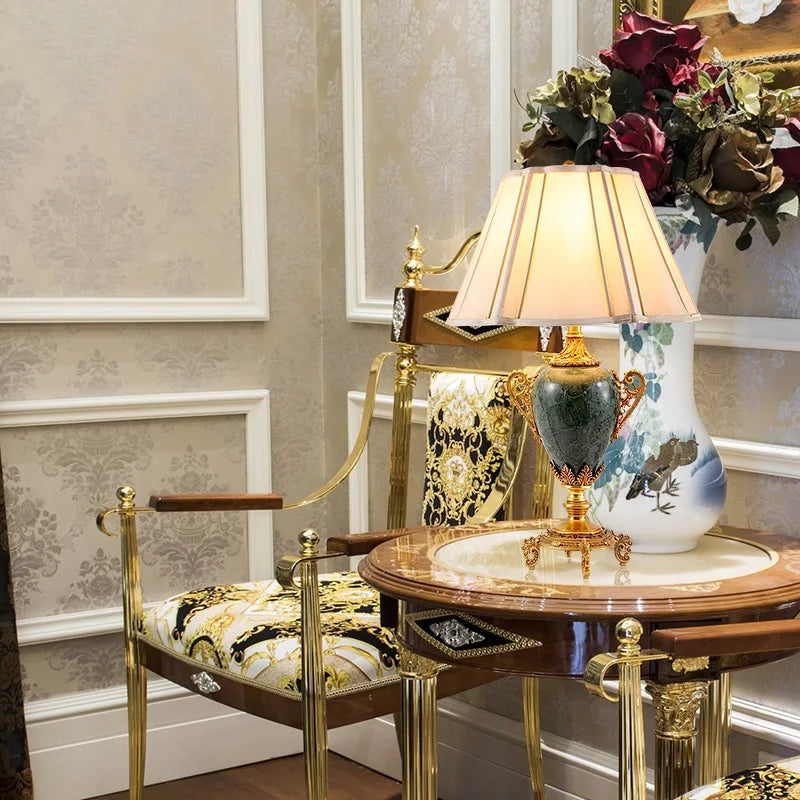 Decorative Brass Frame and Ceramic Table lamp with Fabric Shade - French style