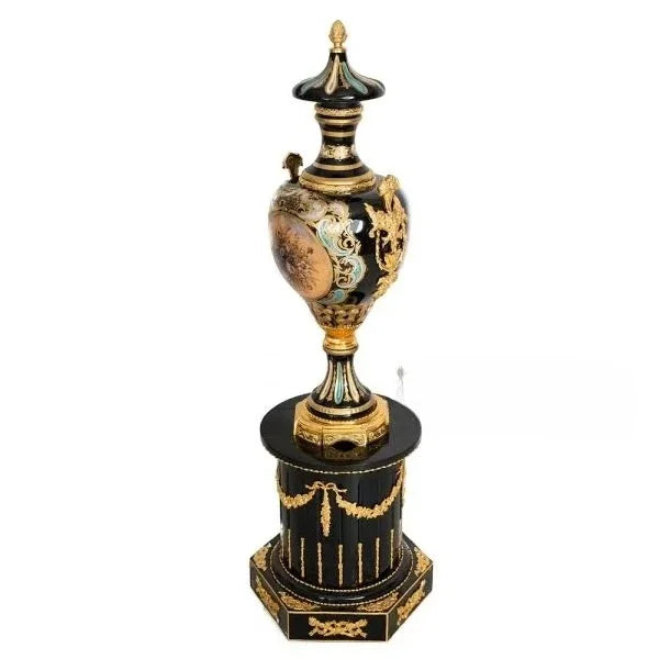 Ultra Luxury Antique Porcelain Floor Vase with Gold Brass & Hand-Painted Floral Art