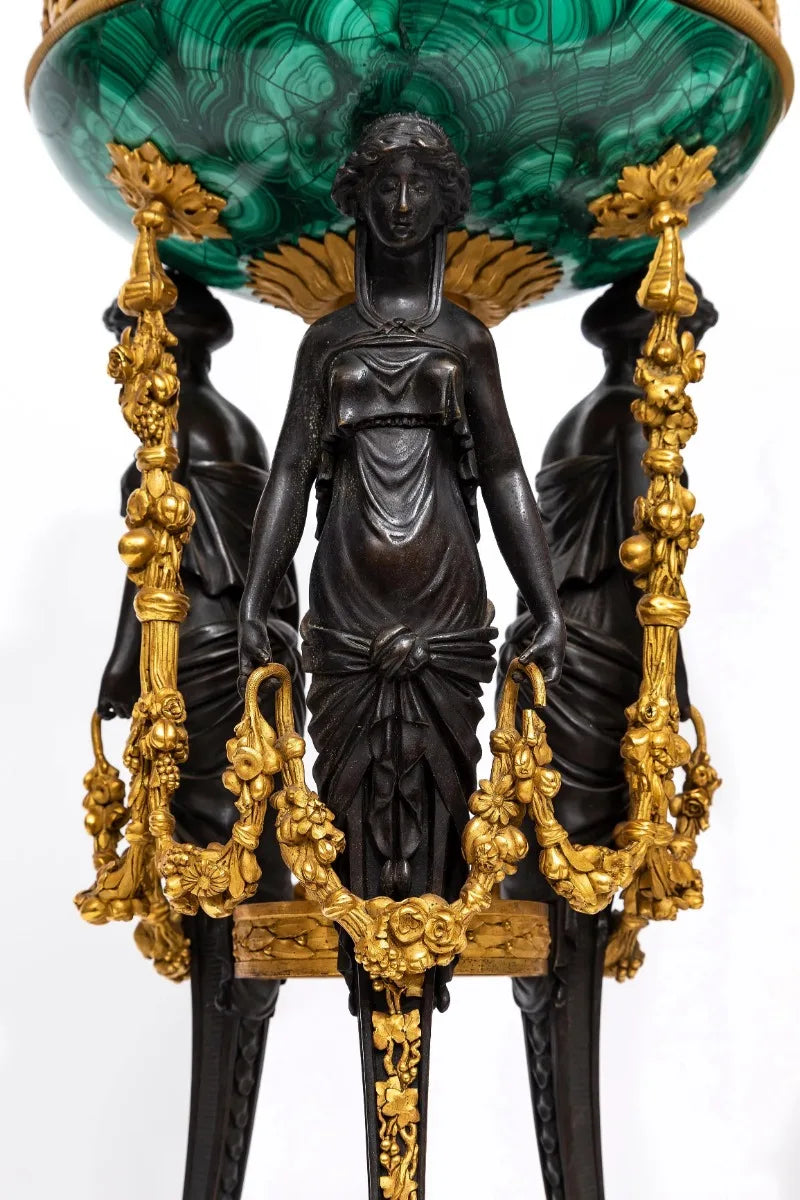 Pair of Large Malachite Standing Pots with Bronze Mounts