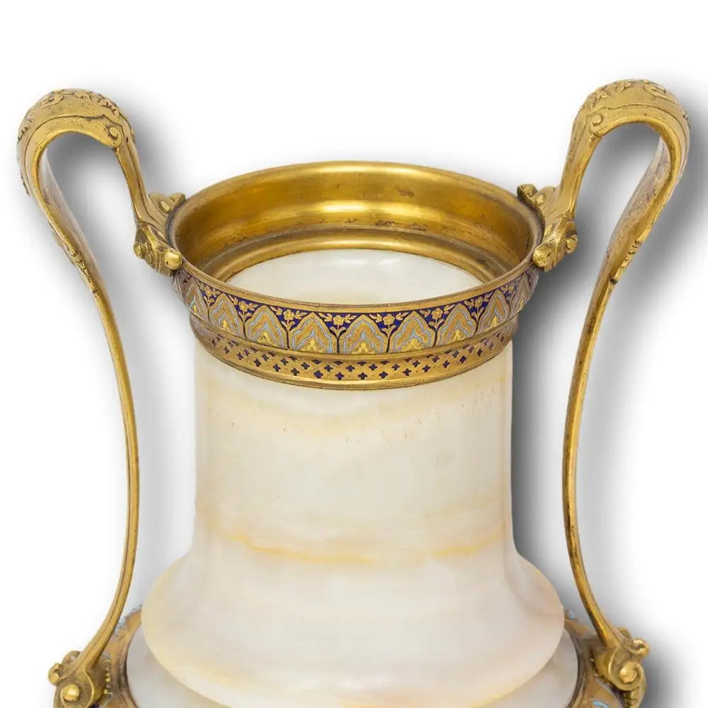 Pair of Marble Vases with Ornate Bronze Inlay
