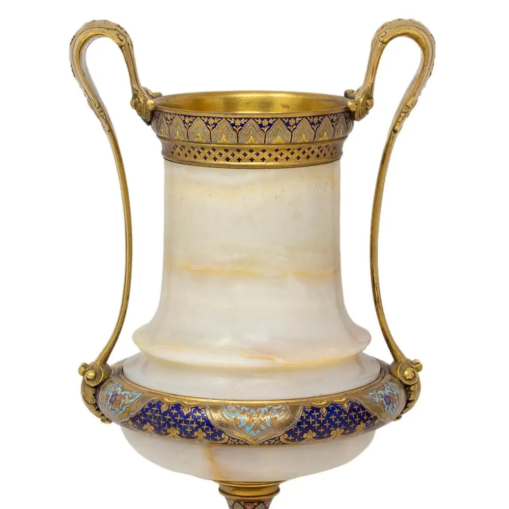 Pair of Marble Vases with Ornate Bronze Inlay