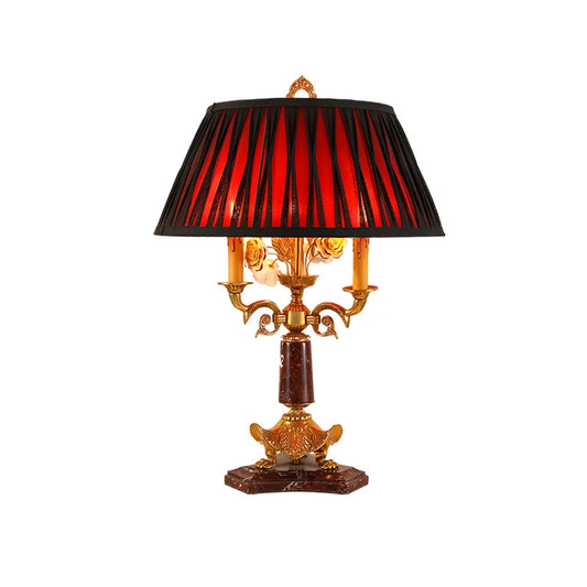 Handmade French Classical Style Full Copper Marble Table Lamp-Red Lampshade