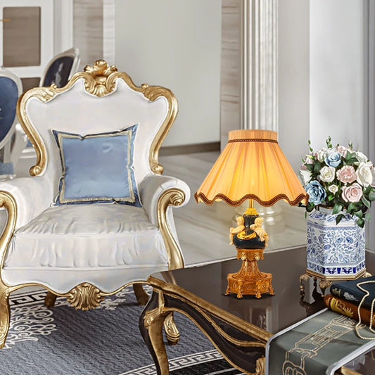 Decorative French Brass Table Lamp with Fabric Shade and White Ceramic Angel