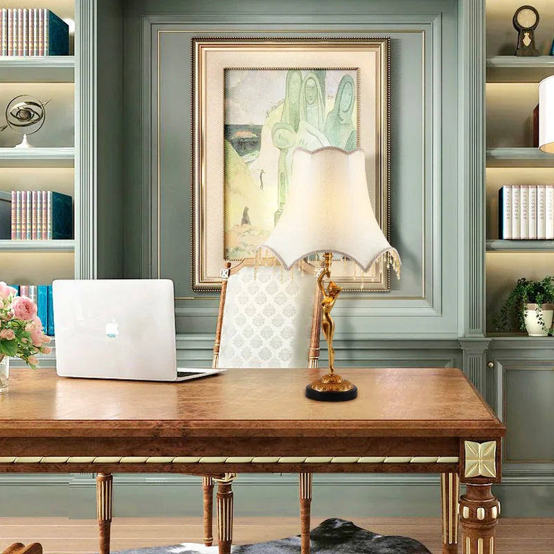 Brass Table Lamp with Fabric Shade – French Retro Style