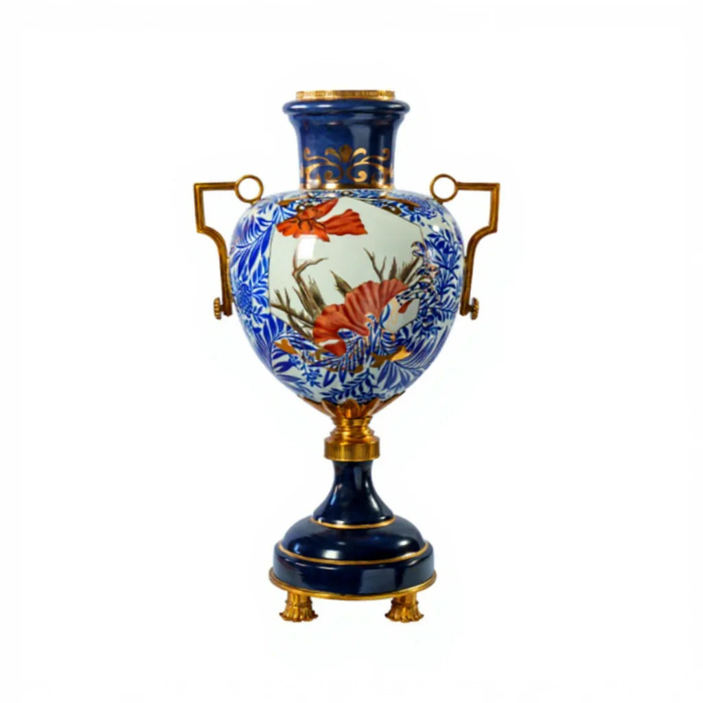 Vintage Blue White Ceramic Brass Vase