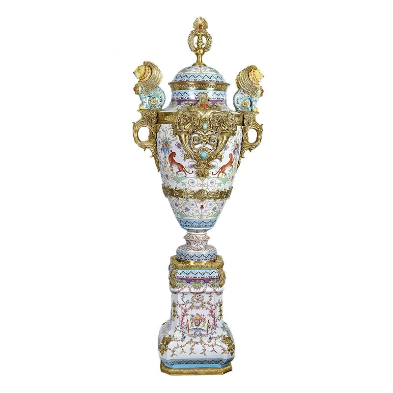 Luxury Antique Porcelain & Brass Tall Floor Vase