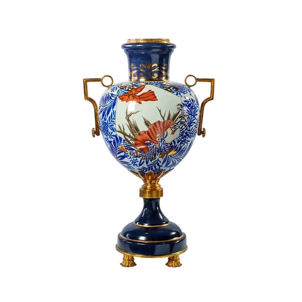 Vintage Blue White Ceramic Brass Vase