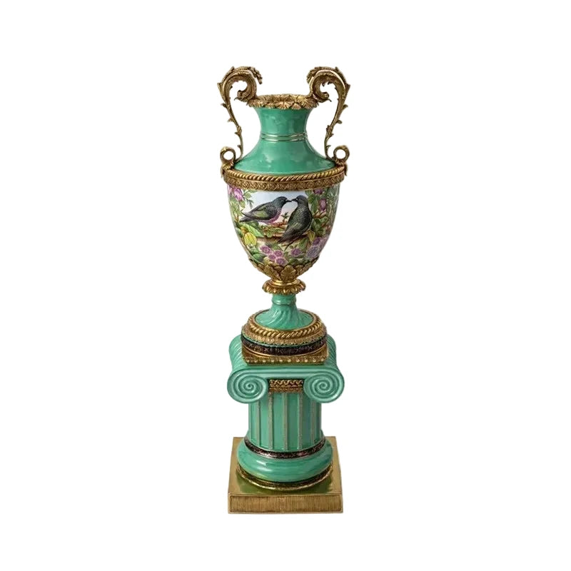 Grand Handcrafted Porcelain Floor Vase with Ornate Brass Accents