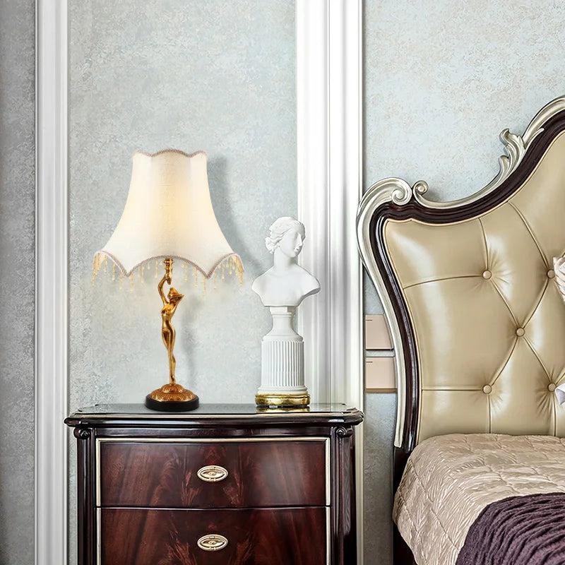 Brass Table Lamp with Fabric Shade – French Retro Style