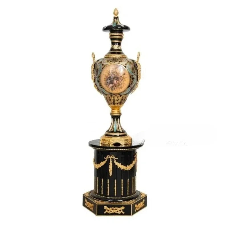 Ultra Luxury Antique Porcelain Floor Vase with Gold Brass & Hand-Painted Floral Art
