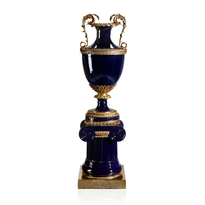 Ultra Handcrafted sapphire blue Porcelain Floor Vase & Brass Accents