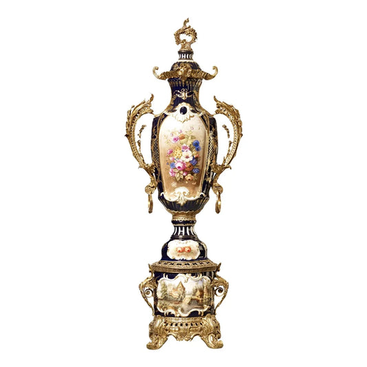 Fantastic and wonderful antique baroque large flower oil painting trophy porcelain trophy cup copper treatment