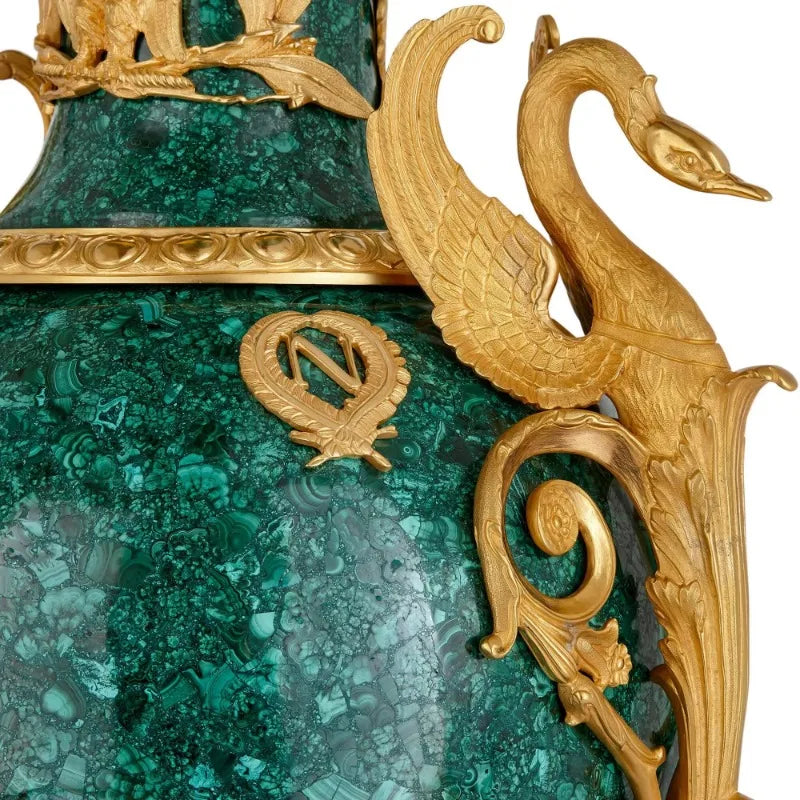 Pair of Large Malachite and Bronze-Mounted Empire Style Vases