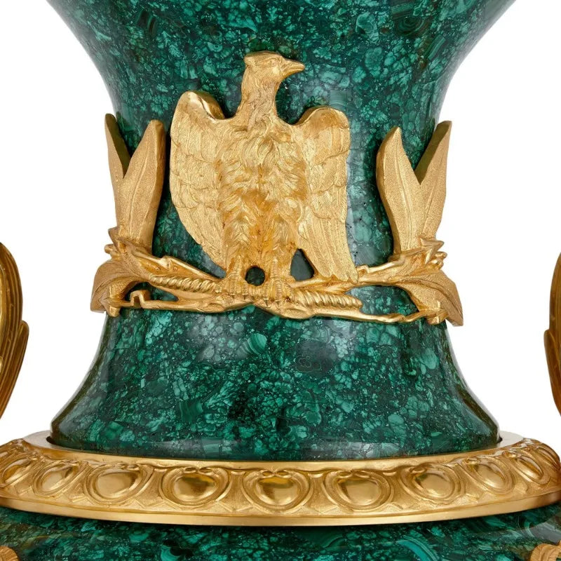 Pair of Large Malachite and Bronze-Mounted Empire Style Vases