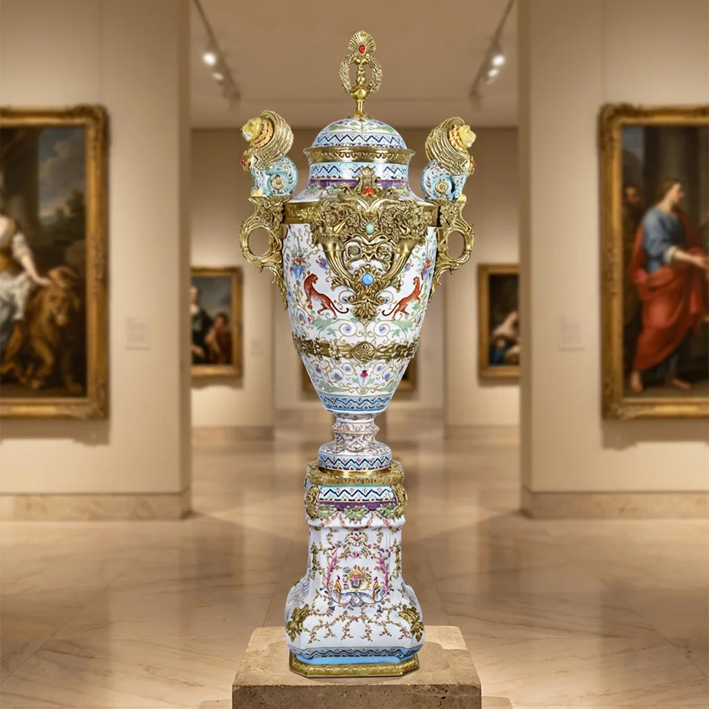 Luxury Antique Porcelain & Brass Tall Floor Vase