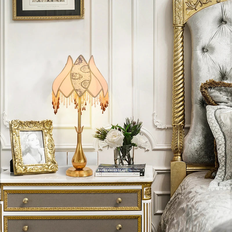 French Vintage Brass Table Lamp with Fabric Shade