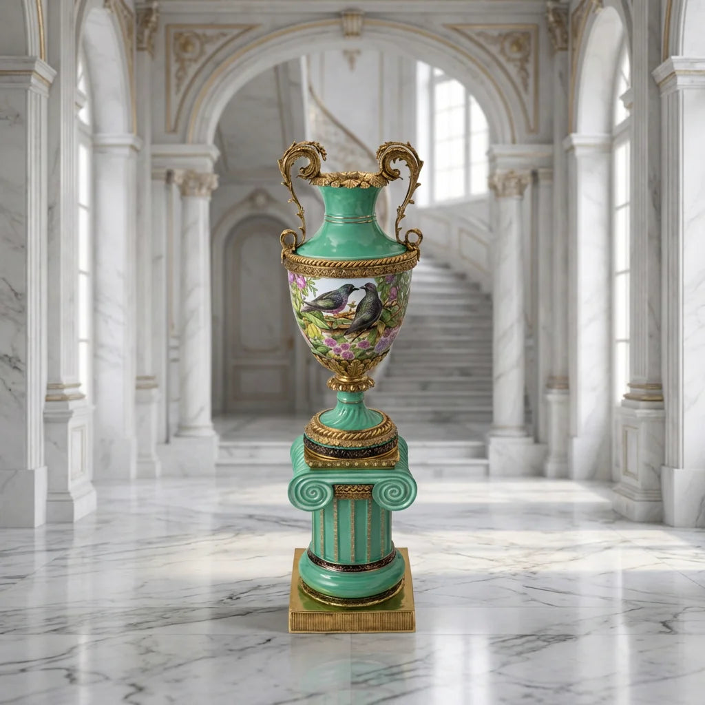Grand Handcrafted Porcelain Floor Vase with Ornate Brass Accents