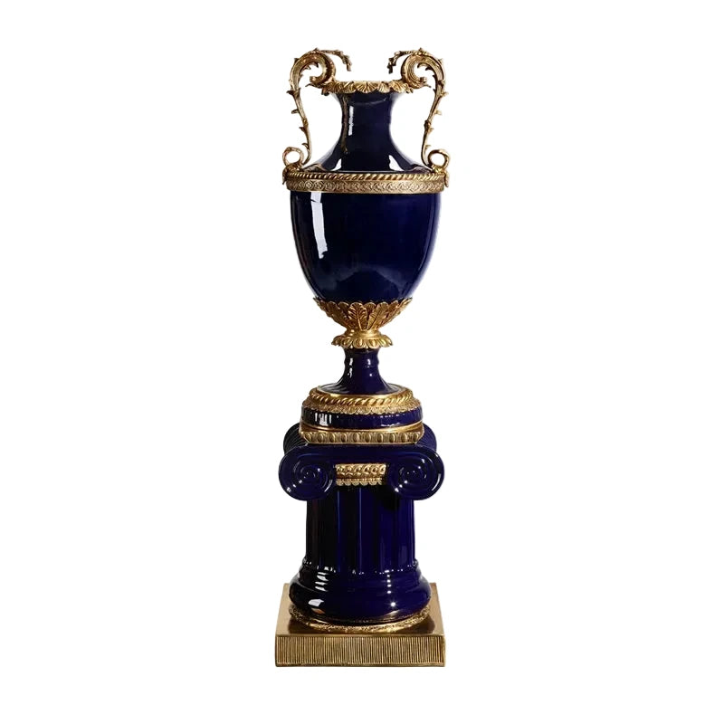 Ultra Handcrafted sapphire blue Porcelain Floor Vase & Brass Accents