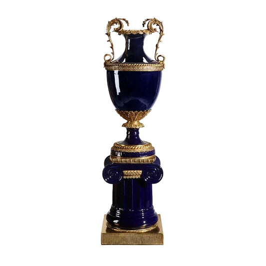 Ultra Handcrafted sapphire blue Porcelain Floor Vase & Brass Accents