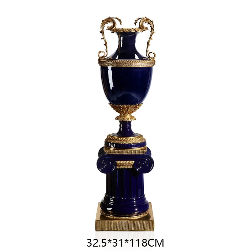 Ultra Handcrafted sapphire blue Porcelain Floor Vase & Brass Accents