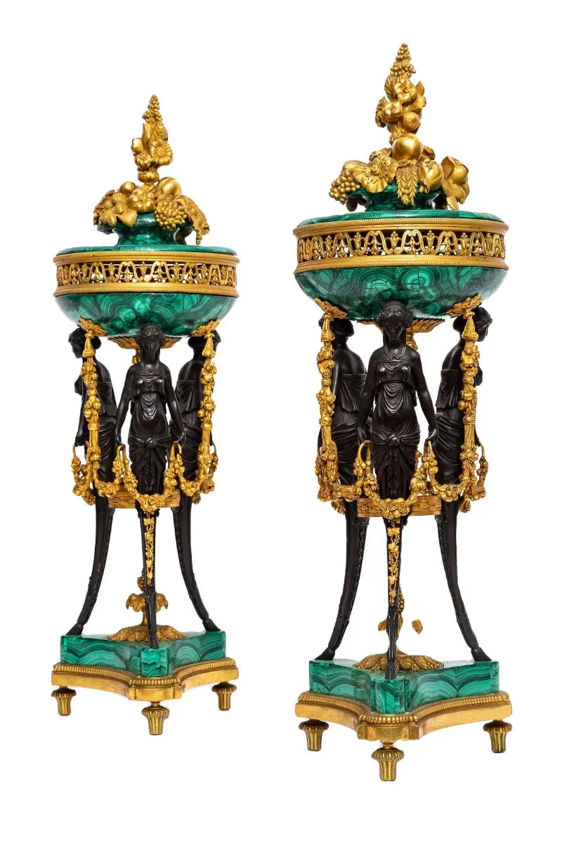 Pair of Large Malachite Standing Pots with Bronze Mounts