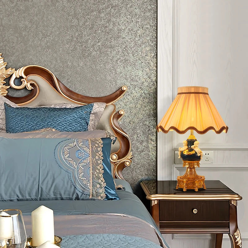 Decorative French Brass Table Lamp with Fabric Shade and White Ceramic Angel