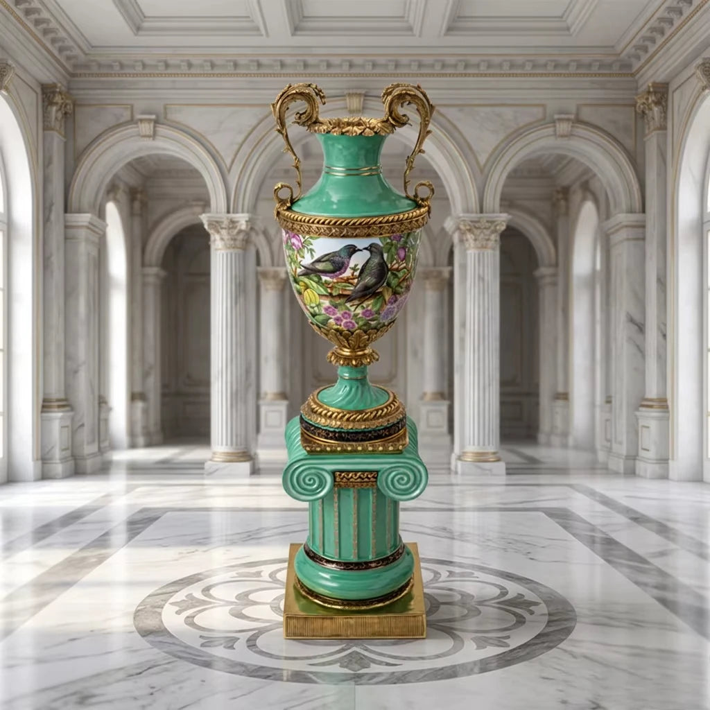 Grand Handcrafted Porcelain Floor Vase with Ornate Brass Accents