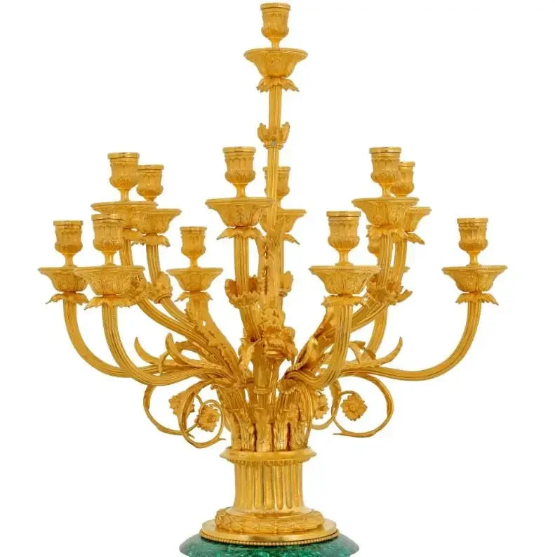Pair of Large Gilt Bronze and Malachite candle holder