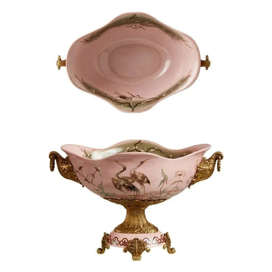 Hand Painted Crane Pink Inlaid Copper Ceramic Ornaments set