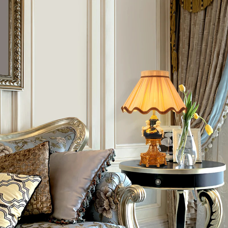 Decorative French Brass Table Lamp with Fabric Shade and White Ceramic Angel