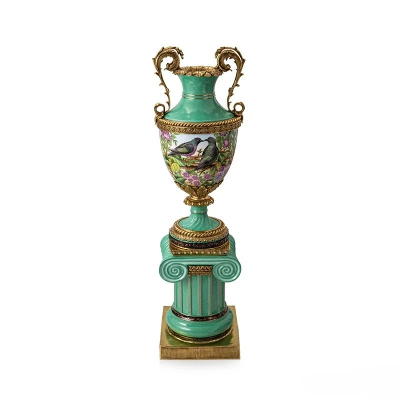 Grand Handcrafted Porcelain Floor Vase with Ornate Brass Accents